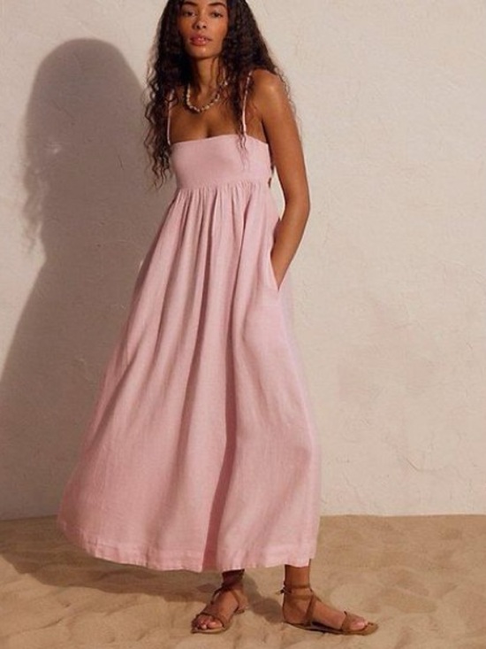 Free People Dresses & Skirts - Free People Pink Linen Halo Babydoll Midi Dress | NEVER WORN